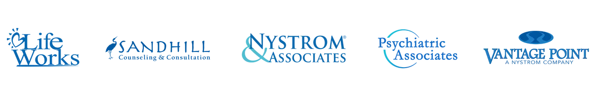 Brand Logos: Life Works, Sandhill Counseling & Consultation, Nystrom & Associates, Psychiatric Associates, Vantage Point (A Nystrom company)