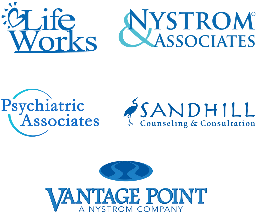 Brand Logos: Life Works, Sandhill Counseling & Consultation, Nystrom & Associates, Psychiatric Associates, Vantage Point (A Nystrom company)