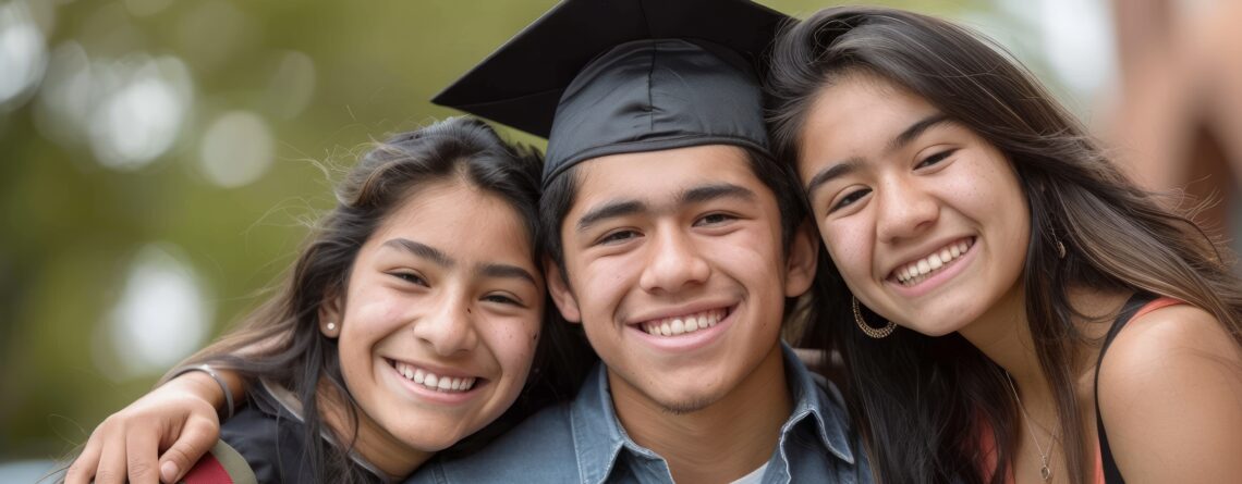 Brother smiling wearing graduation cap with two younger siblings, one on each side of him